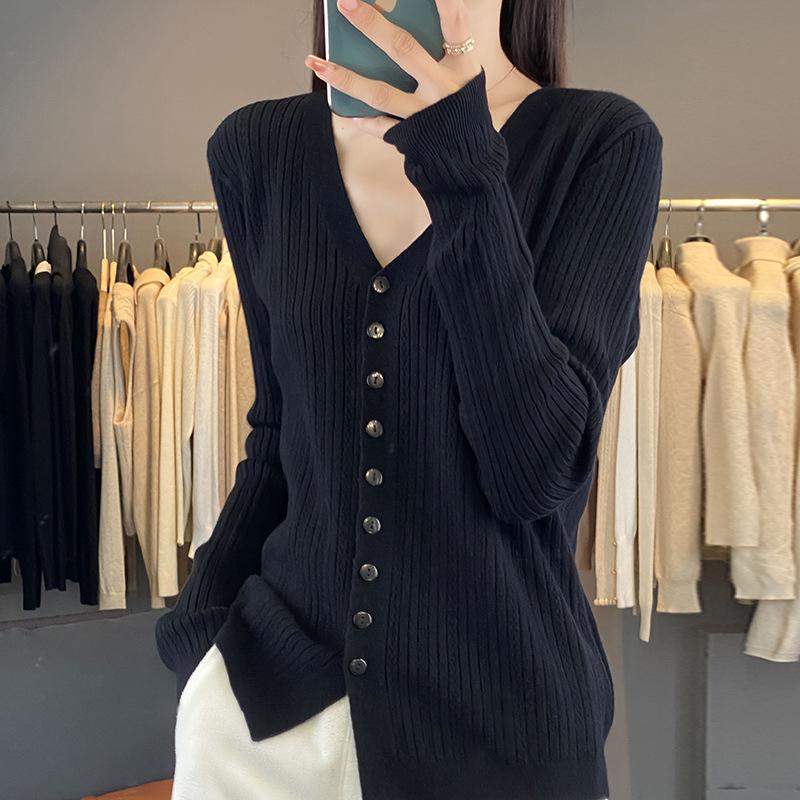 

Осенний новый женский вязаный свитер с V-образным вырезом, кардиган, женская флисовая куртка Энди, базовая вещь XXL чёрный