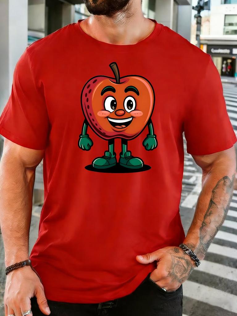Unisex Cartoon Happy Apple Character Graphic Cotton Short Sleeve Tee Crew Neck Soft Male Summer Casual Breathable Street Wear Top