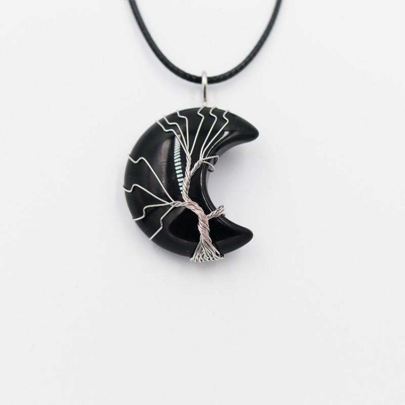 Handcrafted Geometric Moon Pendant Necklace With Natural Stone Wire-Wrapped Tree Design Women
