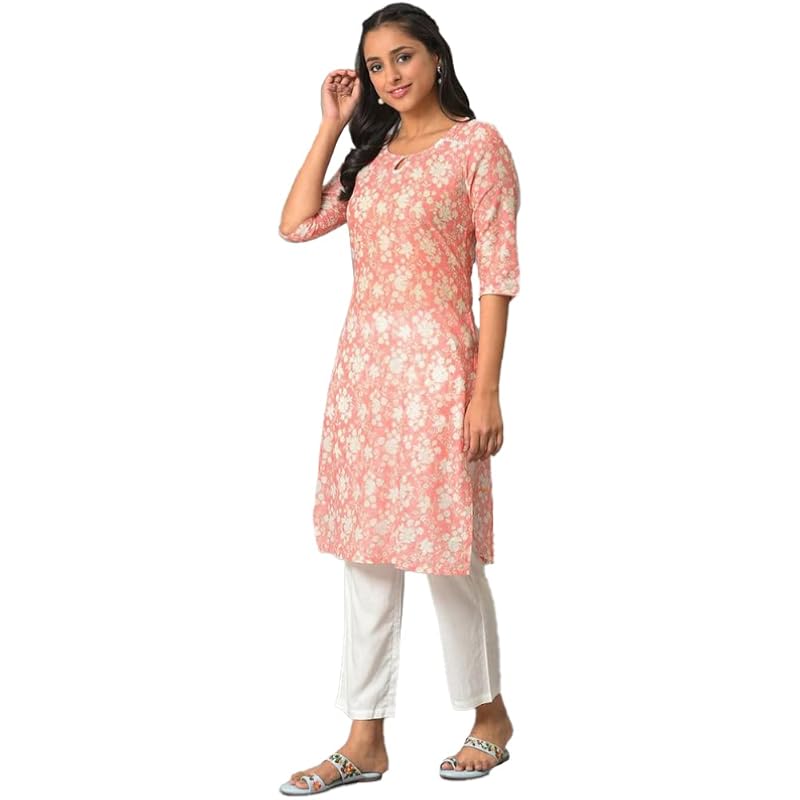 Aurelia Orange Floral Printed Printed Cotton Regular Kurta for Women