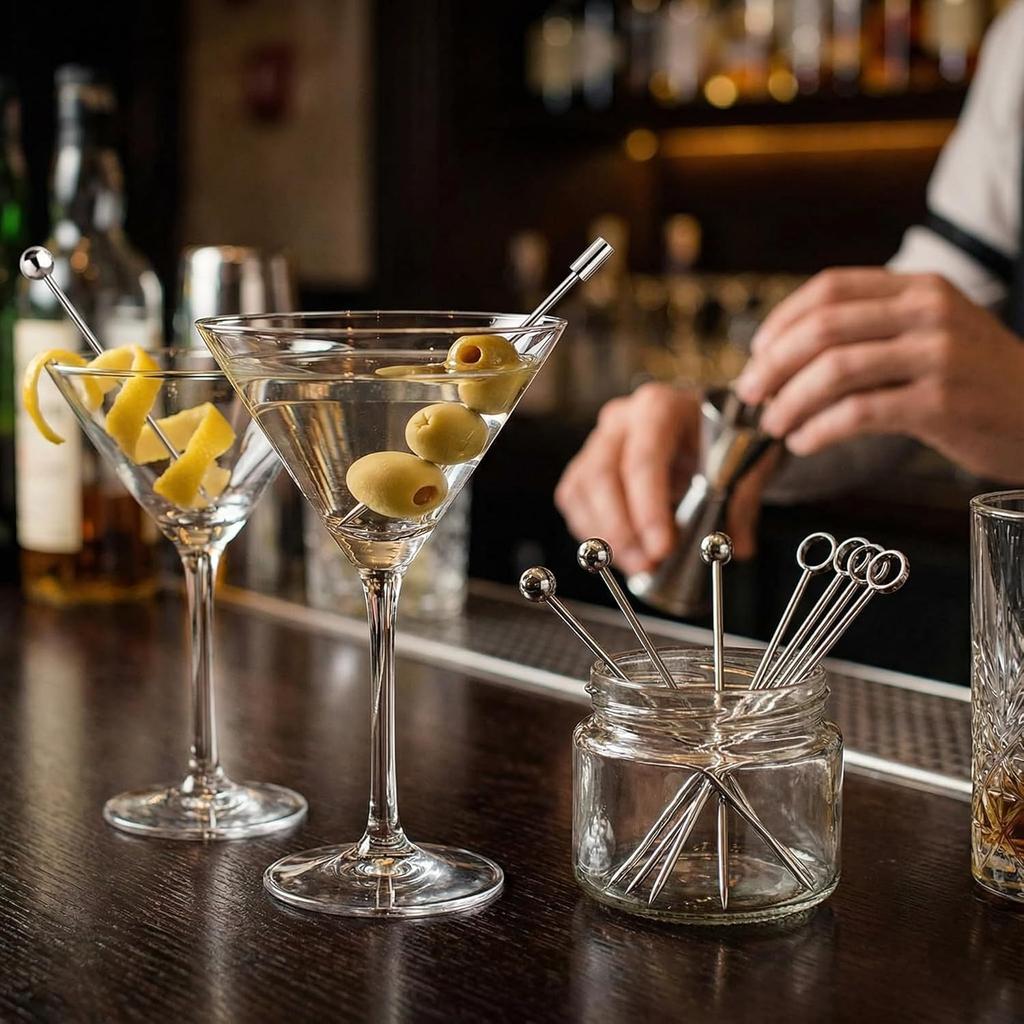 I-MART 15 Pack Stainless Steel Cocktail Picks Martini Olive Skewers, Reble Metal Garnish Sticks for Drinks, Appetizers, Bloody Mary, Olives, Citrus,
