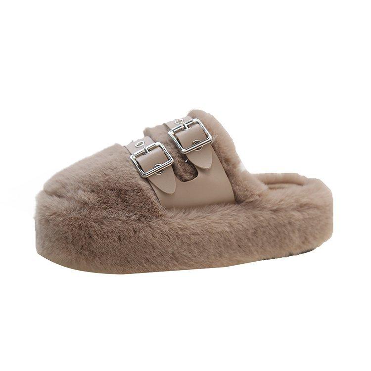 

Thick-soled heightening one-word fluffy slippers for women s versatile wear 2025 autumn and winter new comfortable casual cotton slippers 42