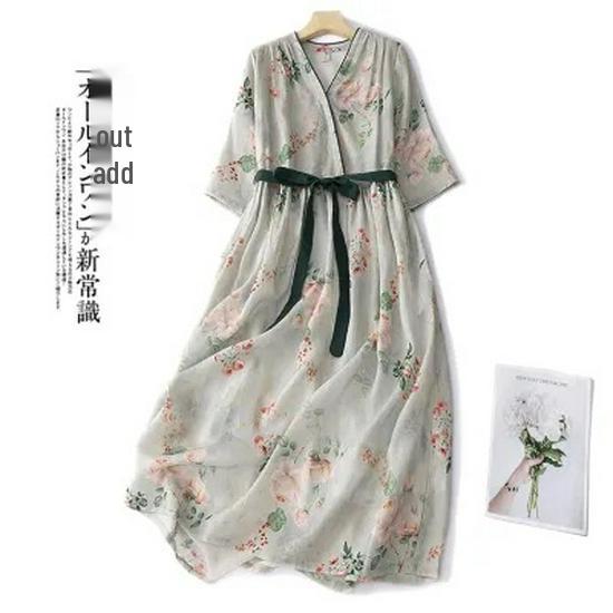 

Летнее ретро платье макси из хлопка и льна в стиле пэчворк с завышенной талией и эффектом похудения для женщин - Большой размер Extra Large