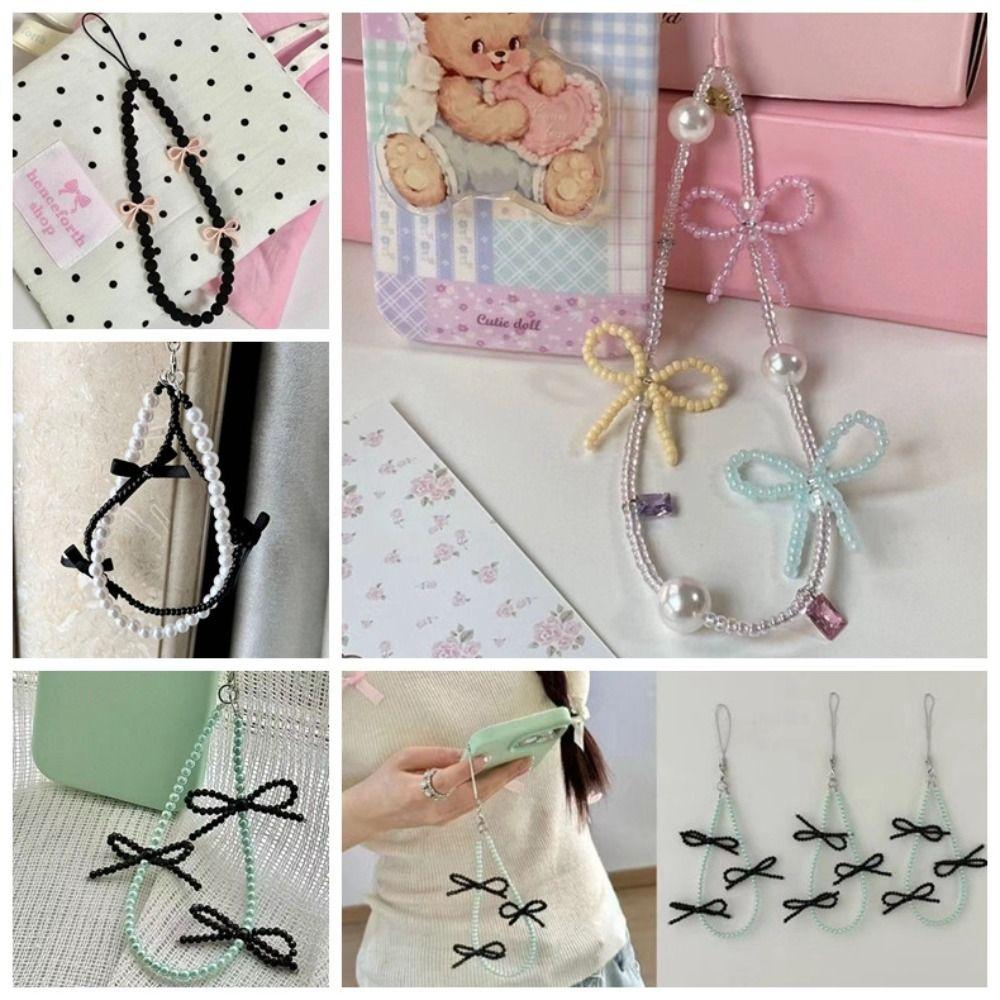 Wrist Strap Bowknot Phone Charm Pearl Beads Phone Lanyard Cell Phone Pendant  Key Chain