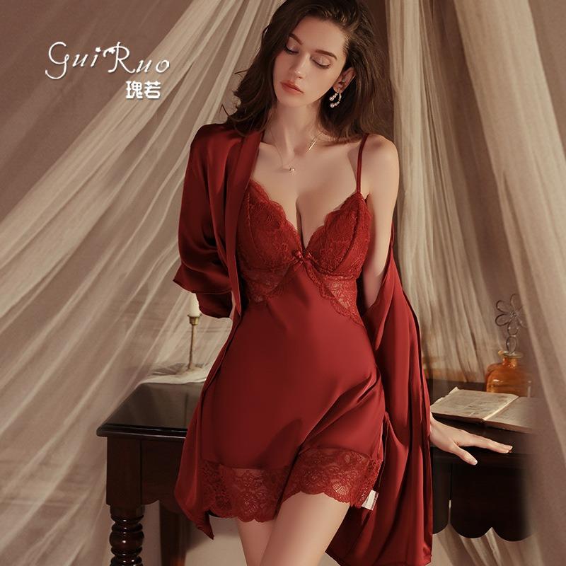 Pure desire plus chest pad underwear sweet lace sexy silky satin nightdress robe home women's suit