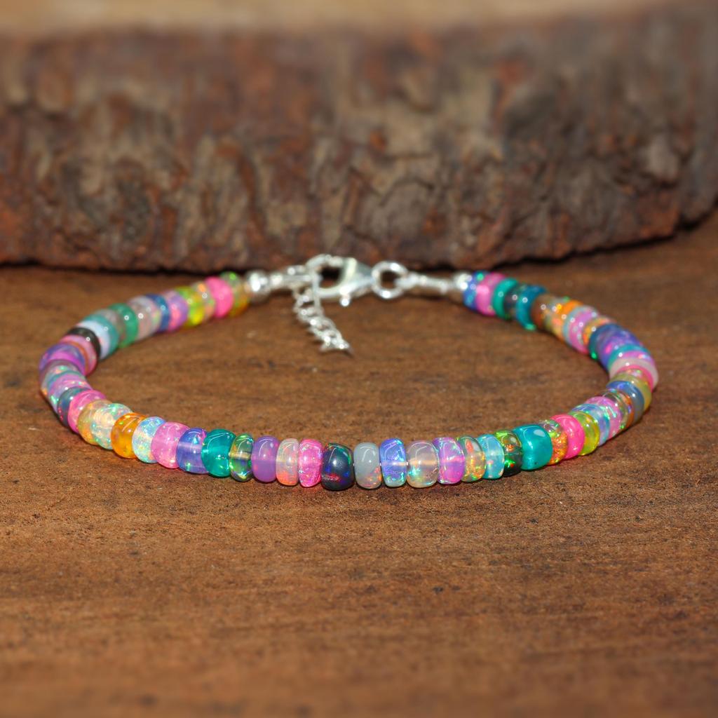 Bracciale con Perle di Pietra Preziosa Multi Opale Naturale, Bracciale Fatto a Mano con Perle di Opale Multifire, Bracciale con Perle di Opale Etiope, Bracciale Delicato in Opale