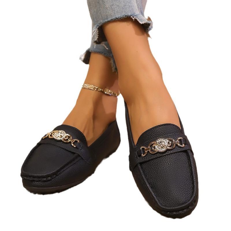 Large size Doudou shoes women's autumn new round head shallow mouth rhinestone chain flat bottom casual shoes