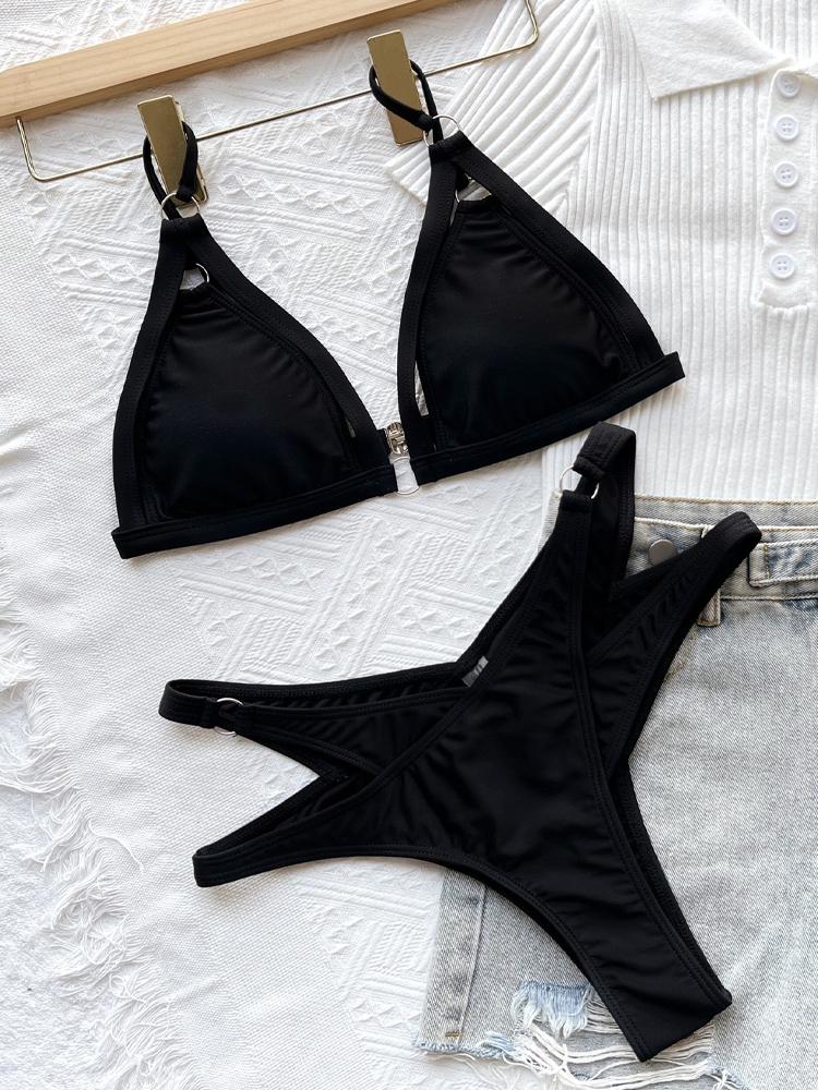 2025 Sexy Solid Strapped Bikini High Cut Push UP Hollow Swimsuit Women Swimwear Biquinis Backless Beach Bathing Suit