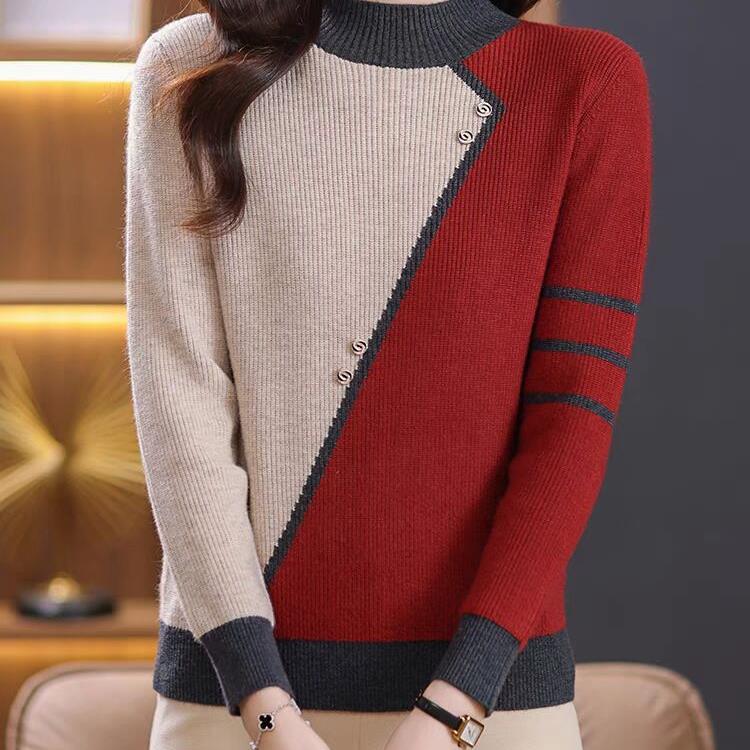 Maglione a collo alto a contrasto per donna da indossare in autunno e inverno. Nuova maglia base ispessita per l'inverno.