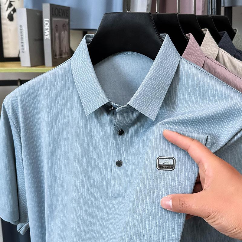 Bark Pattern Jacquard Mulberry Silk Seamless Men'S Short-Sleeved T-Shirt Summer Lapel Polo Shirt Half-Sleeved Ice Silk Casual