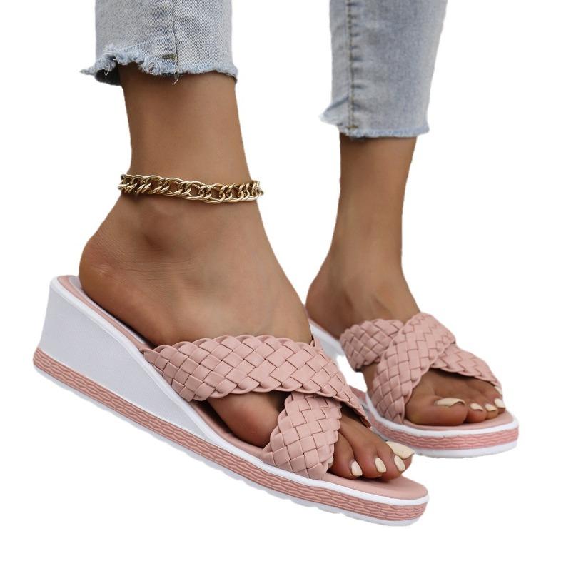 Women Wedge Slippers New Summer Platform Sexy Shoes Braided Square Toe Flat Sandals Beach Slides Home Women Shoes