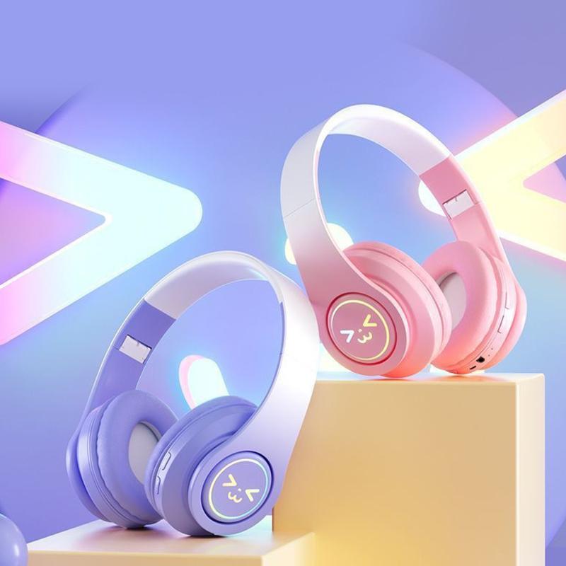 Cute Bluetooth Headphones Gradient Color Gaming Headphones Over-Ear Wireless Headset With Led Flashing, Lightweight Head-Mounted