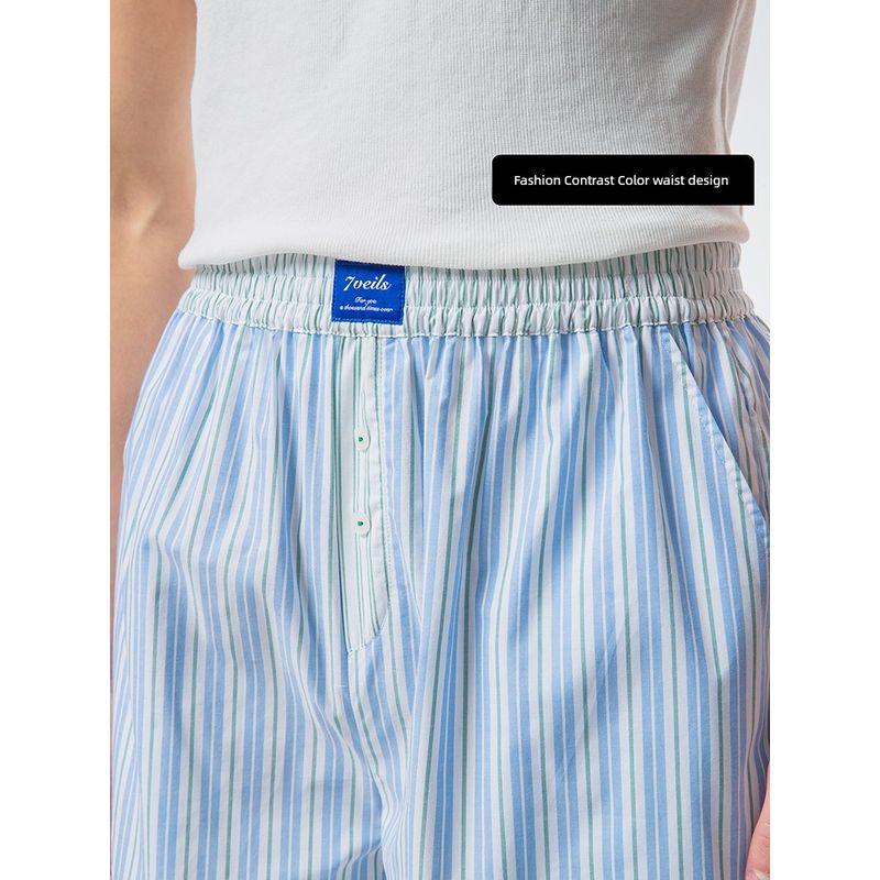 Contrast Color Design Pure Cotton Stripe Summer Men's Shorts Pajama Pants Home Pants Loose Thin Air Conditioning Pants Arro Pants
