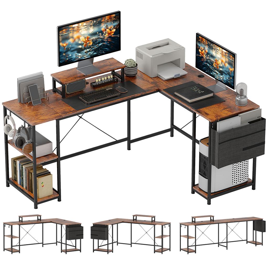 L-Shaped Desk, Versatile Office Desk with Adjustable Shelves and Storage Bag, Monitor Stand, Brown