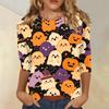 Women’s Casual Three Quarter Sleeve Halloween Print Crew Neck Top with Relaxed Fit for Seasonal Wear and Everyday Outfits