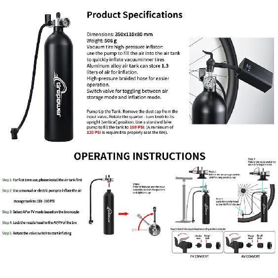 Tubeless Tire Inflator 1.2L Tubeless Bike Pump Max 200 PSI Tubeless Booster Compatible with Presta & Schrade Valves for Road MTB