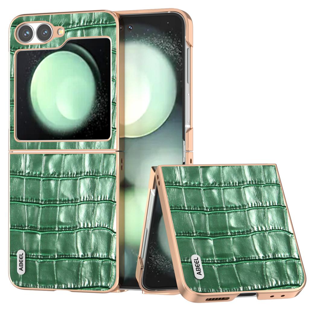 ABEEL For Samsung Galaxy Z Flip7 FE 5G/Z Flip6 5G Case Electroplating Phone Cover Crocodile Texture Genuine Cow Leather+TPU Protective Case