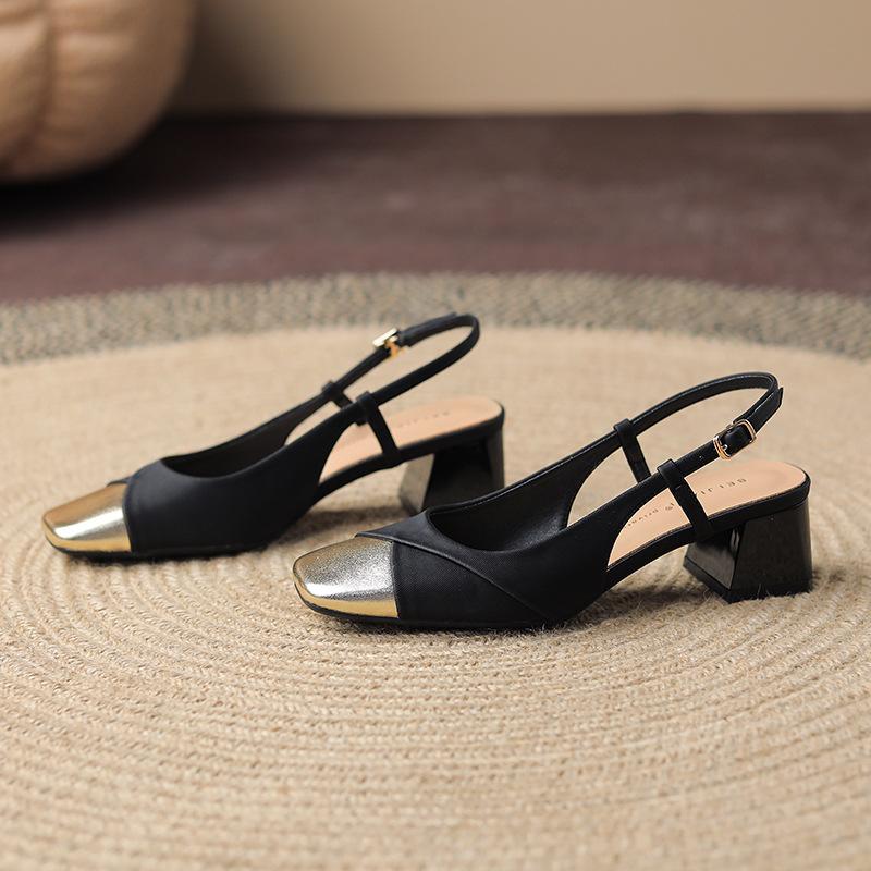 Giant Exquisite Bag Head Sandals Women's Thick Heel Square Head Sheepskin Medium Heel Color Matching Mary Jane Shoes Summer