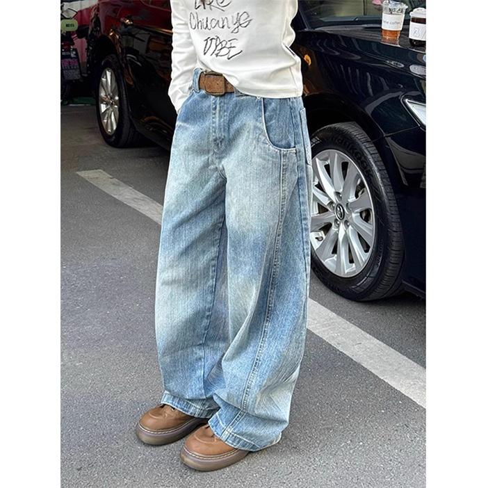 American Retro Bamboo Pattern Washed Scimitar Jeans Men's and Women's New High-waisted Straight Wide-leg Sickle Pants