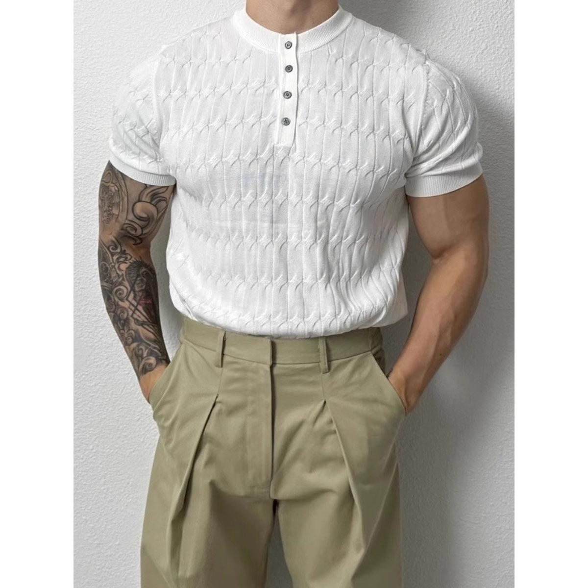 

Men s Summer Short Sleeve Henley Knitted Sweater - Cable Knit, Slim Fit, Business Casual T-Shirt Large чорний