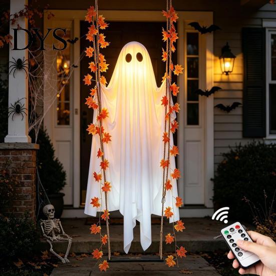 Reusable Holiday Props Light Up Hanging Swinging Ghost Halloween Decoration with Remote Control, Large White Unique Theme Accents Ornament Maple