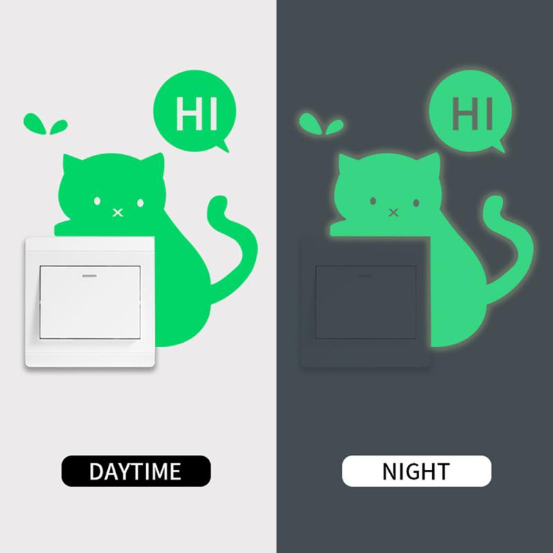 Luminous Switch Stickers Cartoon Hi Cat Wall Stickers Glow In The Dark For Children Room Living Room