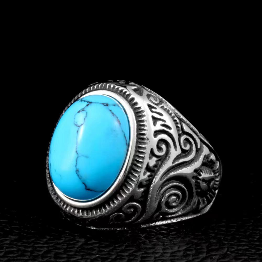 Retro European and American Turquoise Pattern Alloy Men's Ring