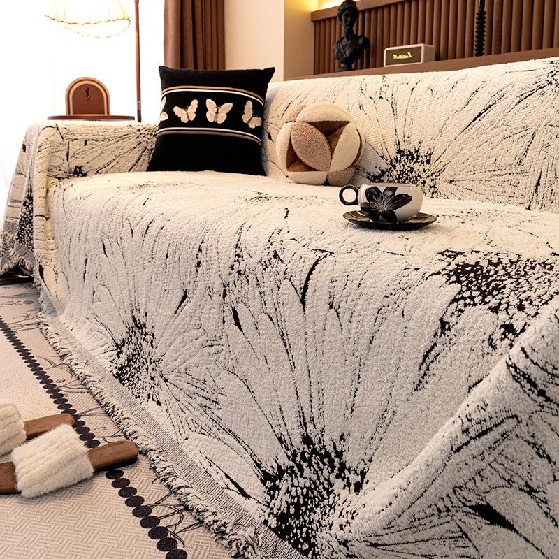 Half Fleece Flower Sofa Cover With Tassels Non Shedding Autumn Winter Sofa Blanket Towel Anti-Dirt Couch Cushion For Living Room