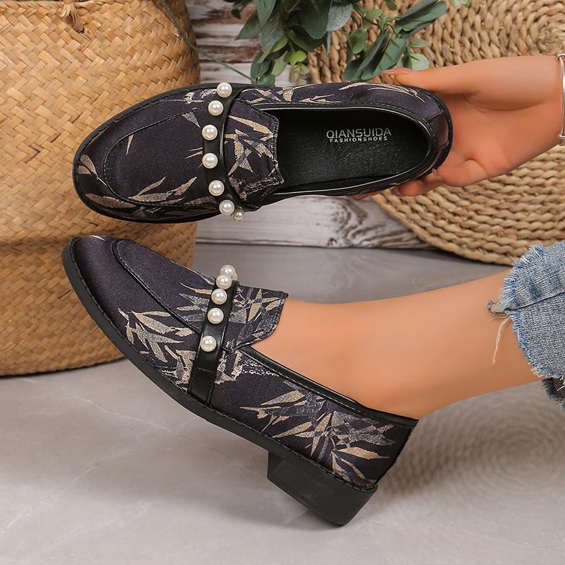 Lucyever Luxury String Bead Black Loafers Women Plus Size Low Heels Office Work Shoes Woman Comfortable Soft Sole Slip On Flats