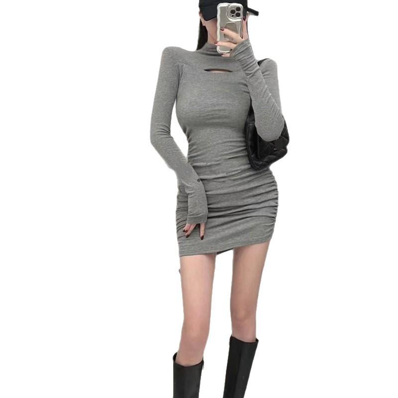 Sweet Spice Girl Black Long Sleeve Dress Women's Autumn and Winter New Waist Bottom Short Skirt Pure Desire Wind Hip Wrap Skirt
