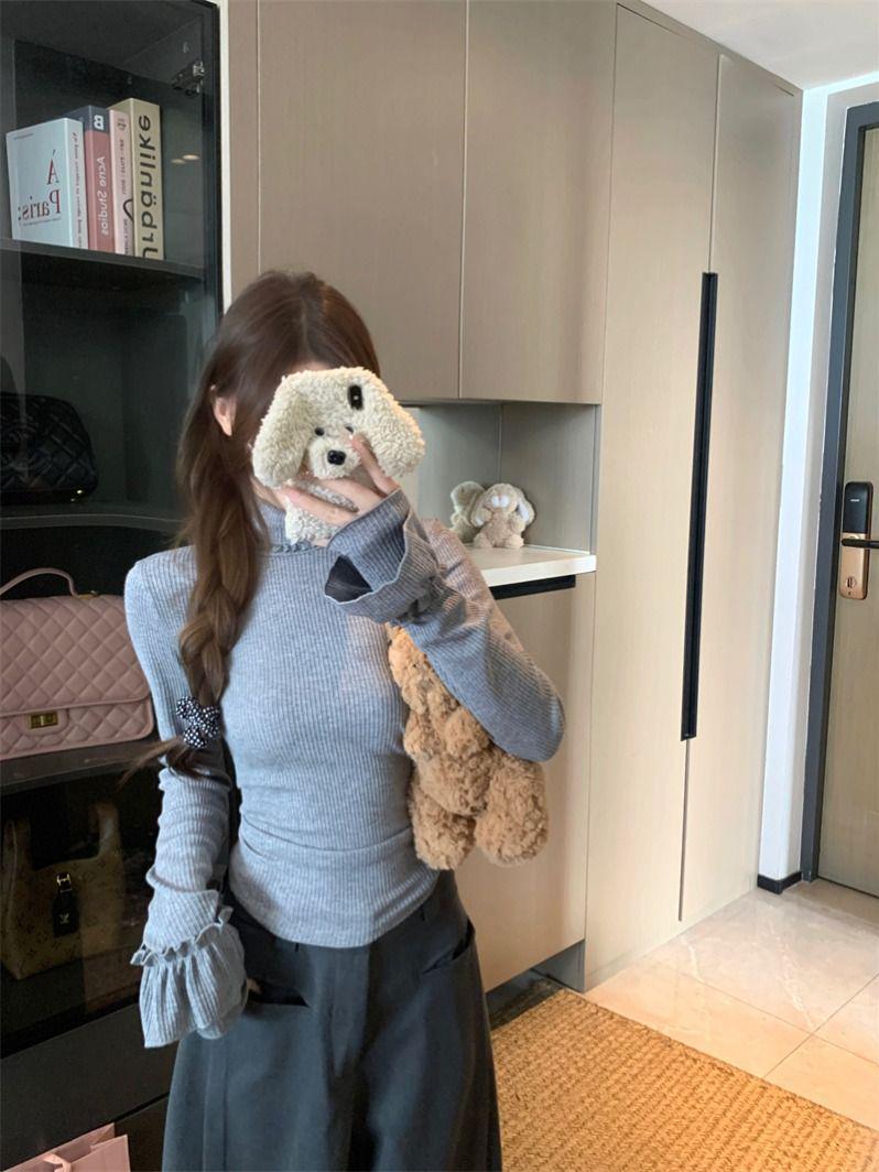 

2025 Women s Grey Slim Ribbed High Neck Long Sleeve T-shirt - Autumn Winter Base Layer Medium сірий