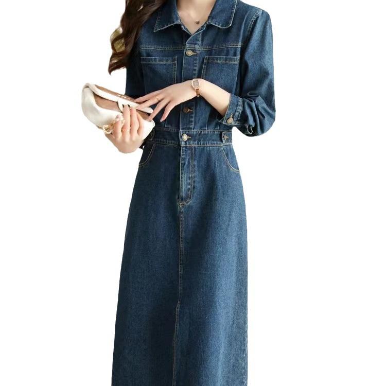2024 Korean Slim Fit Retro Denim Shirt Dress for Women – Mid-Length Long Skirt