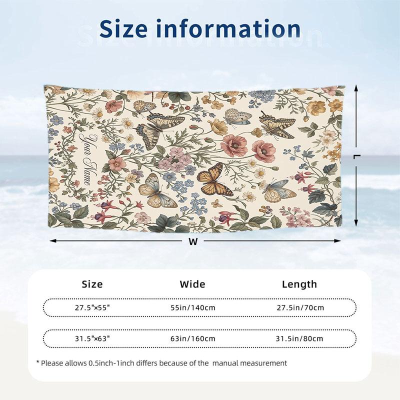 Butterflies Floral Frame Theme Quick Dry Beach Towel Custom Name Text Print Large Sand Resistant Towel Beach Vacation