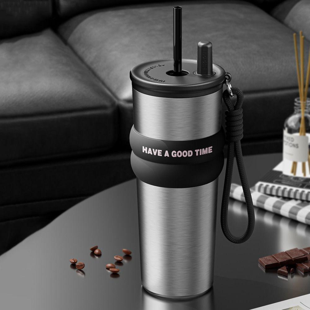 Stainless Steel Vacuum Insulated Bottle Large Capacity Large Caliber Thermal Cup with Lifting Rope With Straw Insulated Cup Gym