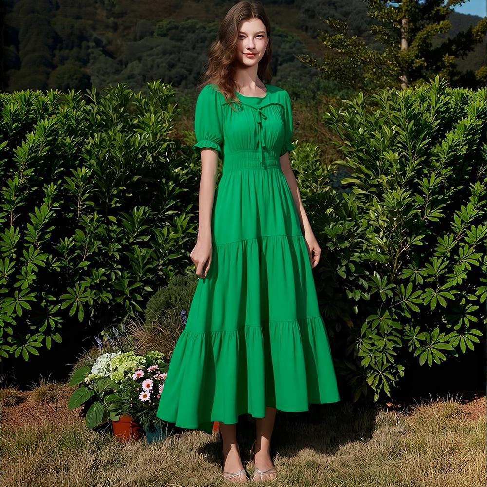 Summer Fashion Poly-cotton Square Collar Short-sleeve Midi Dress for Women Solid-color Puff Sleeve Ruffled Splice A-line Vacation Beach Dress