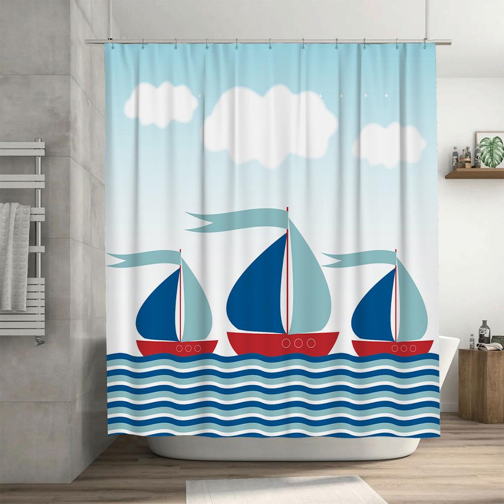 Bright Sailboat Shower Curtain Set: Blue Waves Bath Decor, Kids Room Wall Hangings Bathroom Decor For Home Decoration
