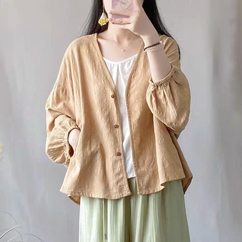 

Linen Jacquard Cardigan Sun Protection Clothing Shirt Women s Outer Wear Loose Plus Size Casual Dolman Sleeve Long Sleeves Air Conditioning Shirt Khaki M