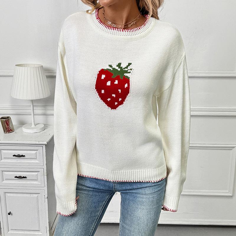 Strawberry Jacquard Autumn and Winter New Round Neck Stitching Pullover Sweater
