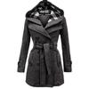 Plaid Hooded Overcoat Belt Double-breasted Long Coat