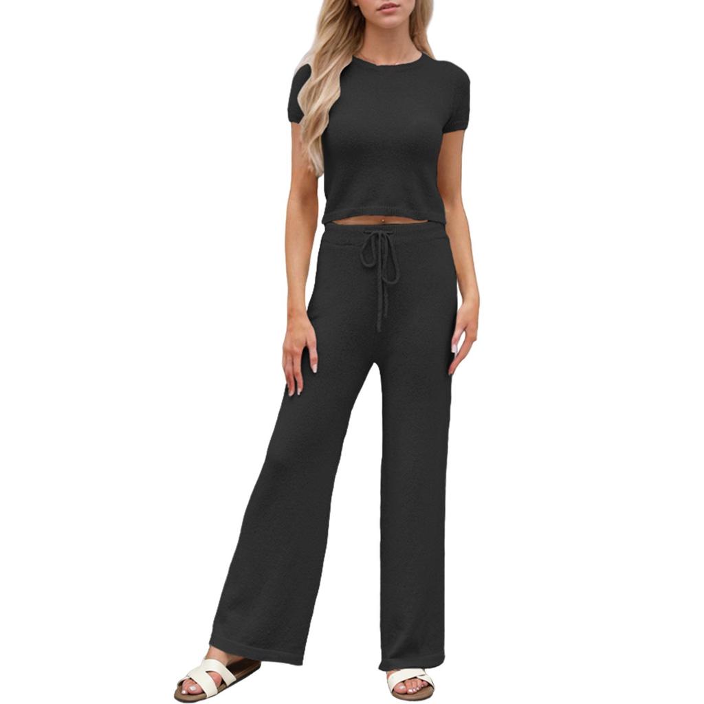 Women's Fashion Vacation Beach Round Neck Casual Loose Short Sleeve Pants Suit