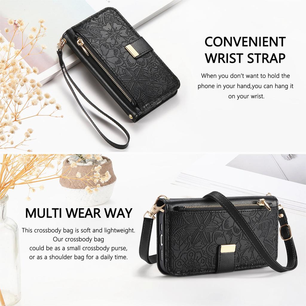 Floral Leather Wallet Case for Samsung Galaxy A05-A71 / S24-S25 series...with Detachable Shoulder Strap