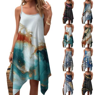 Damen Sommer Casual Vintage Blumenmuster Rundhals Verstellbares Trägerkleid mit Taschen