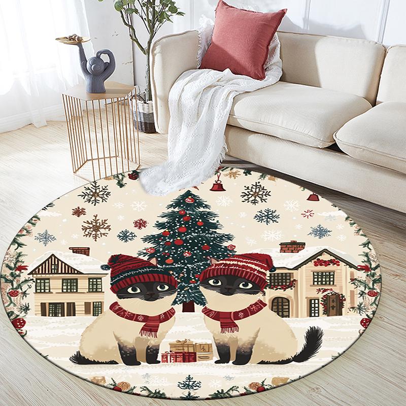 Christmas Cat Pattern Round rug,Carpet Rug for Living Room Bedroom Playroom ,Non-slip Floor Mat,Holiday Gifts and Birthday Gifts.