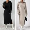 Ribbed Sweater Dress Women Knit for Fall Winter, Long Sleeve with Elegant Dresses Side Split, Solid Color Casual Collared V Neck Midi