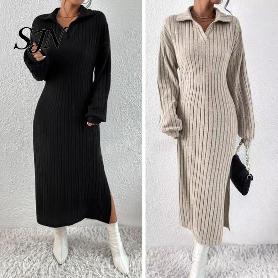 Ribbed Sweater Dress Women Knit for Fall Winter, Long Sleeve with Elegant Dresses Side Split, Solid Color Casual Collared V Neck Midi