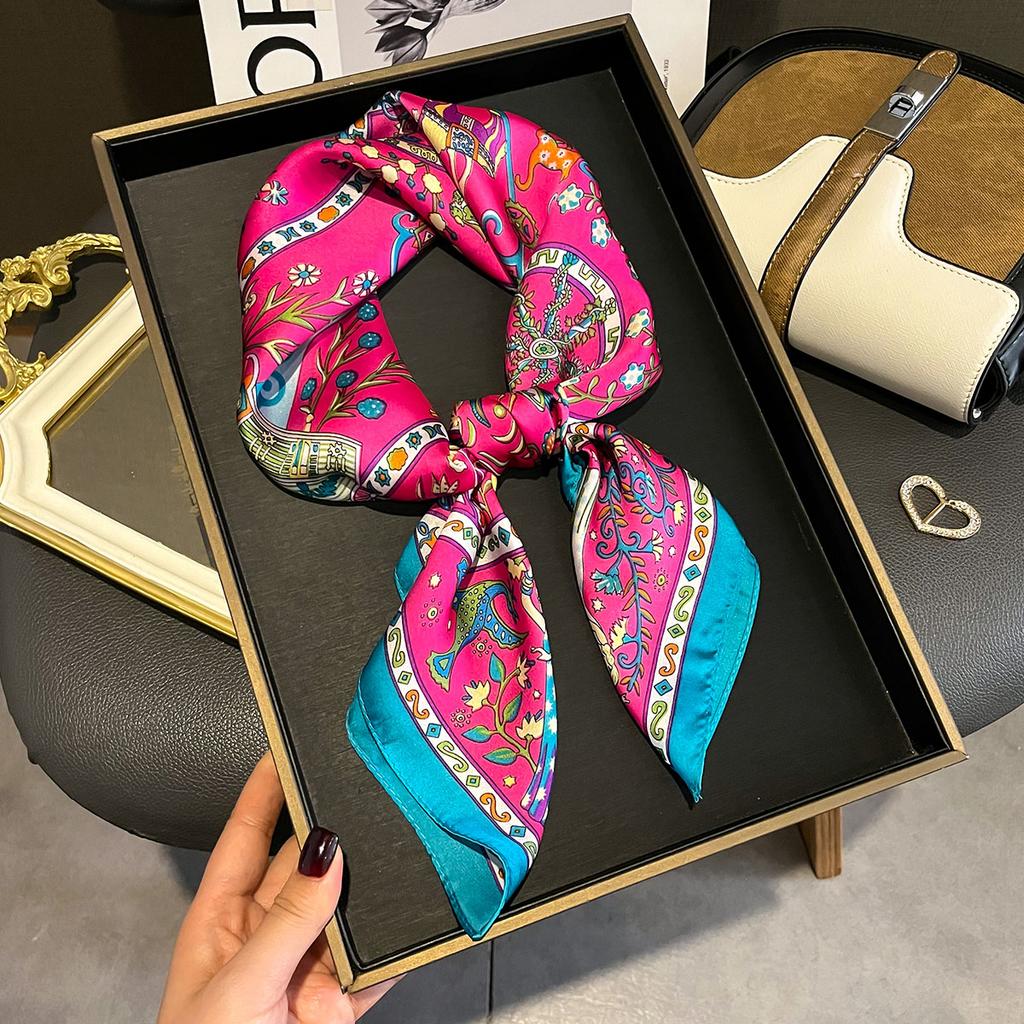  Luxury Floral Print Silk Square Scarf Women Soft Satin Kerchief Hairband Head Hijab Lady Headband Foulard Bag Ribbon