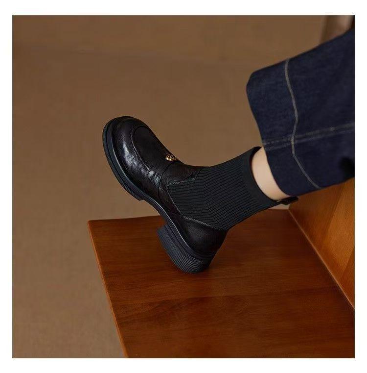 Women's Soft Leather Knit Sock Ankle Boots with Round Toe and Thick Sole, Plus Velvet Lining