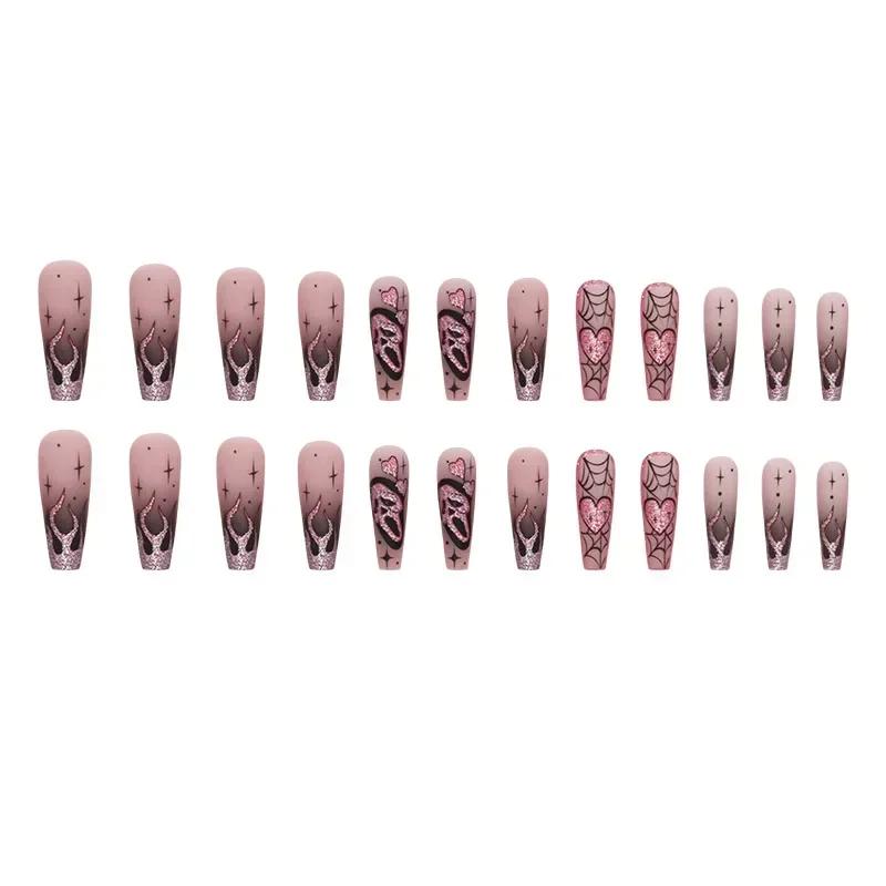 24pcs Glitter Pink Sequins Fake Nails 2025 Halloween Scary Skull Love Print False Nails Wearable European Ballet Press on Nails