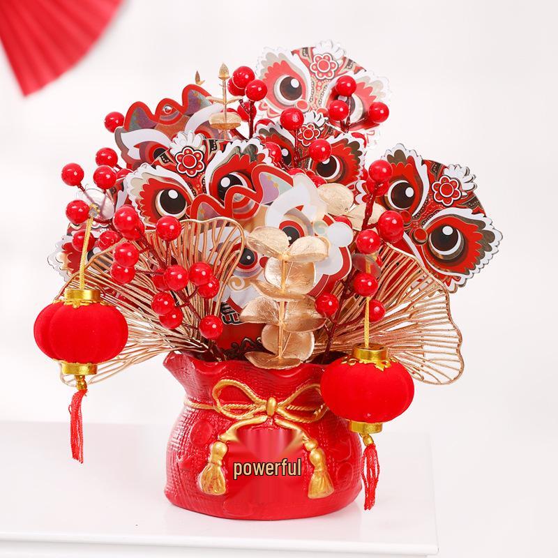 2025 Spring Festival New Year Fortune Bucket: Fu Character Ornament with Artificial Red Fruit and Flowers
