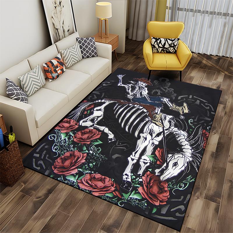 Skeleton Horse and Roses Carpet with Gothic Black Background Style Suitable for use as an anti-slip for living room bedroom sofas